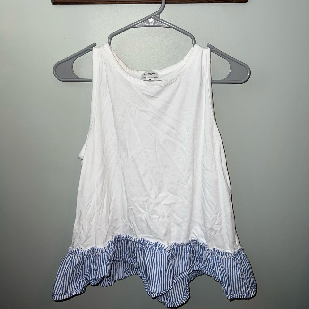 White tank top with Blue and white striped ruffle at the hem